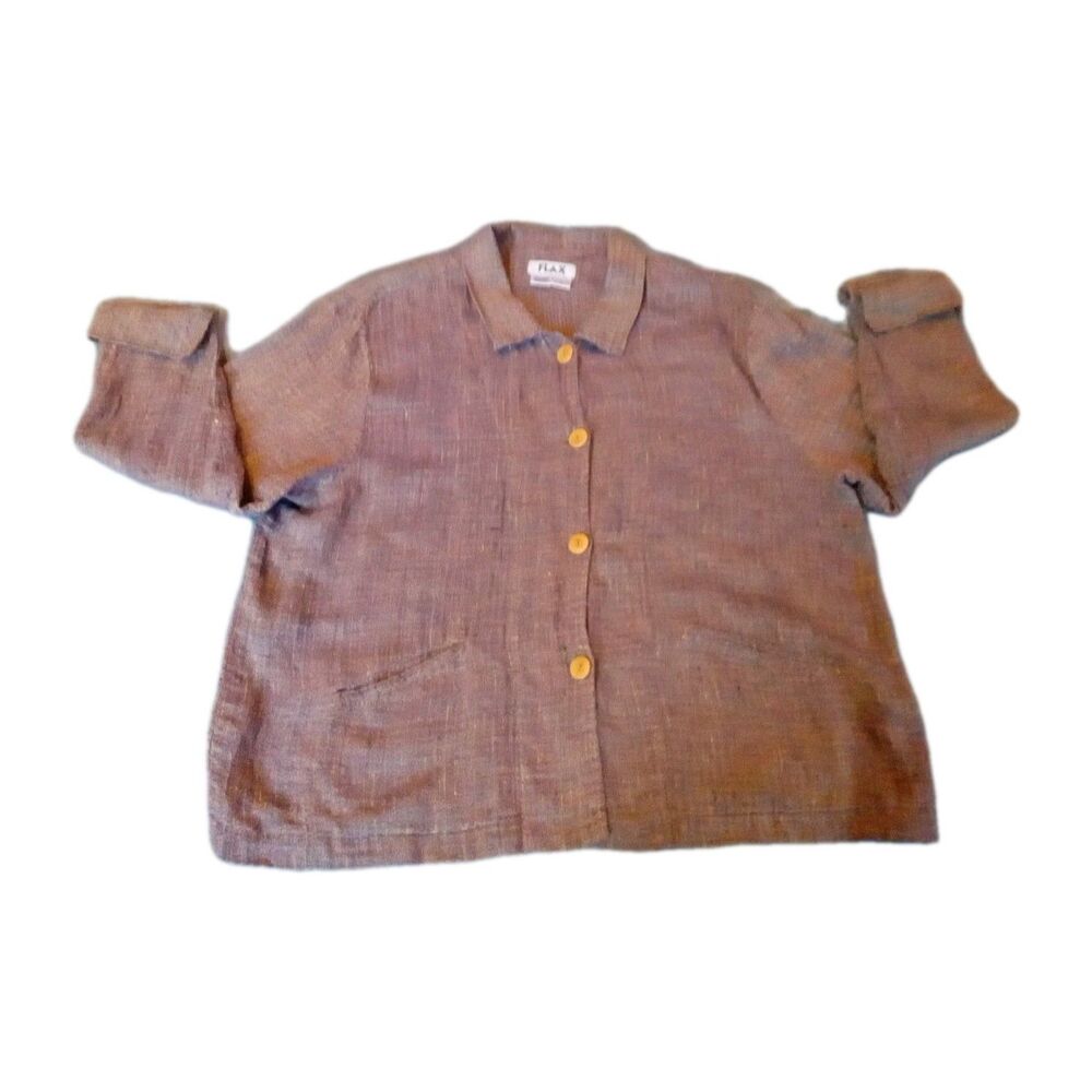 Flax Linen Jacket Size L Multicolors Button Front Pockets Lagenlook Long Sleeve